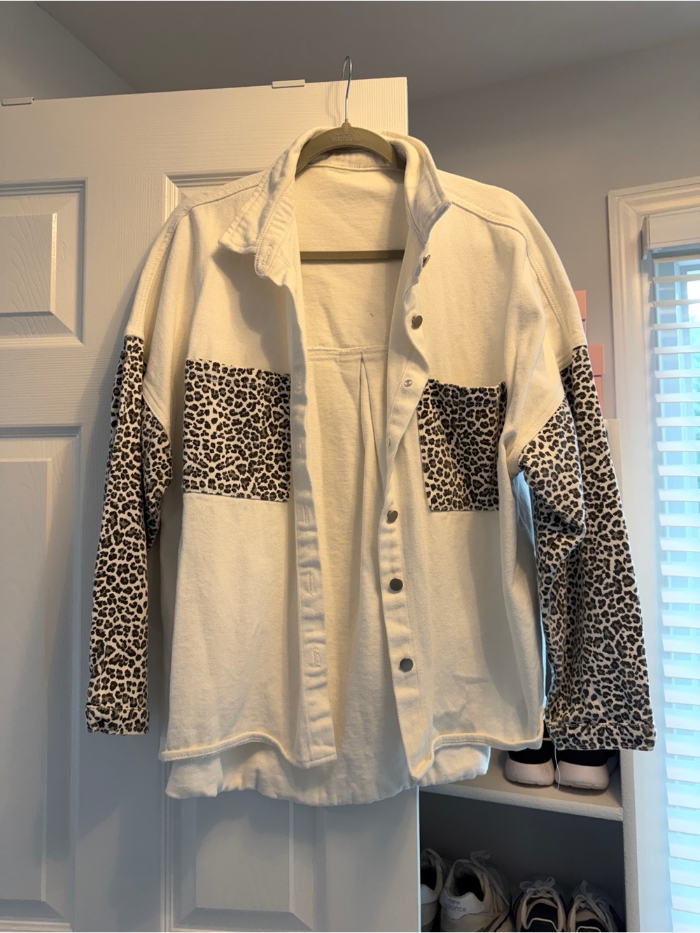 Cream Button-Front Utility Jacket with Leopard Accents - Women